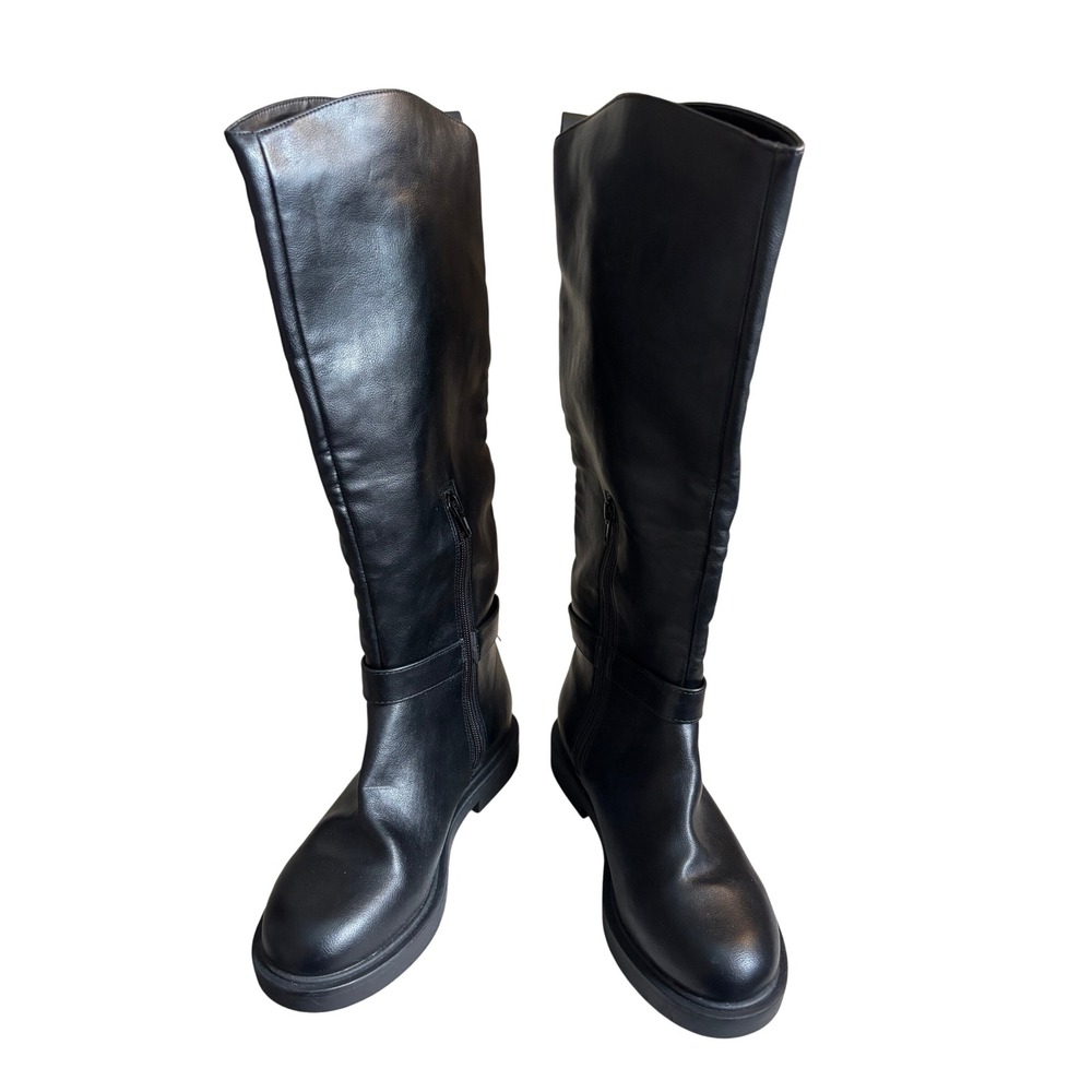 Call It Spring Black Vegan Leather Tall Riding Boots Gold Buckle Size 6.5 NWOT